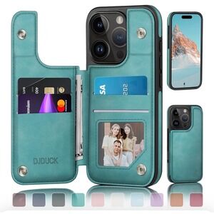 DJDUCK Teal Wallet Case for iPhone 16 Pro with Card Holder Photo Window